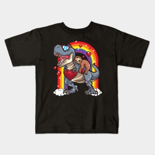 Sloth Riding Dinosaur T-Rex Red Hearts Dino Rainbow Kids T-Shirt